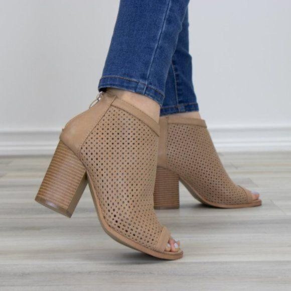 Shoes - Taupe Perforated Heeled Open Toe Ankle Boots